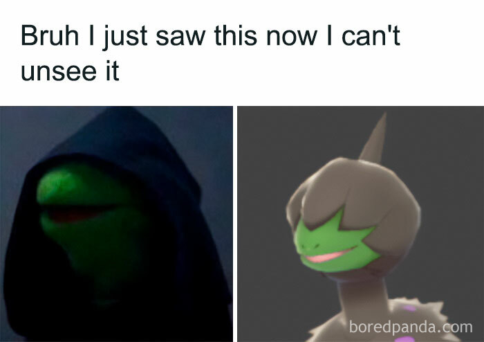  A Pokemon meme with the text "Bruh I just saw this now I can't unsee it" at the top. The image is split into two panels: on the left is a picture of Kermit the Frog wearing a dark hood, resembling the "Evil Kermit" meme. On the right is an image of the Pokemon Deino, whose face and expression resemble Kermit's, humorously highlighting the unexpected similarity between the two characters.