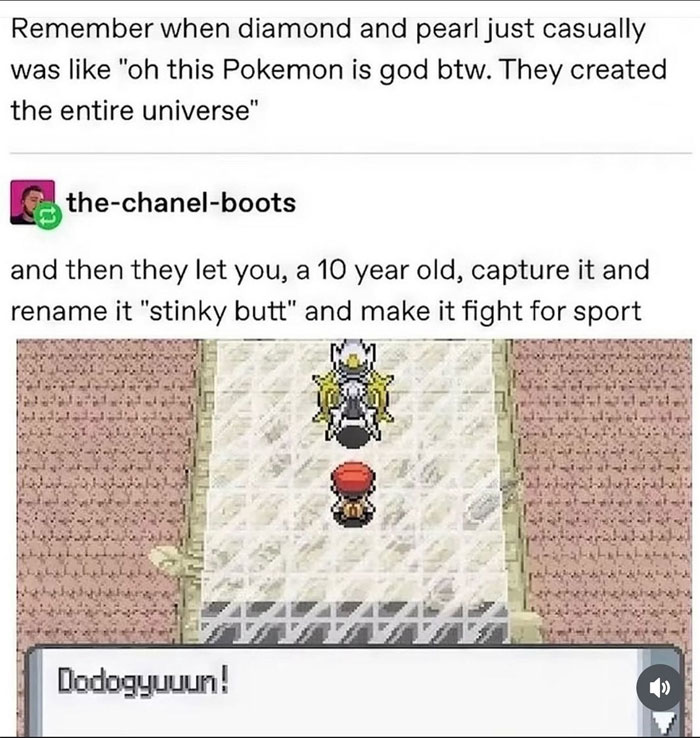 A Pokemon meme featuring a humorous text post about the games "Diamond and Pearl." The top text reads, "Remember when diamond and pearl just casually was like 'oh this Pokemon is god btw. They created the entire universe.'" Below, a reply from "the-chanel-boots" adds, "and then they let you, a 10 year old, capture it and rename it 'stinky butt' and make it fight for sport." The image below shows a screenshot from the game with a player character facing Arceus, the "god" Pokemon, with the caption "Dodogyuuun!" This meme humorously critiques the absurdity of a child capturing a deity and renaming it something silly.