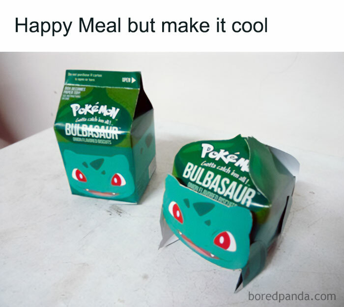 A Pokemon meme featuring two Happy Meal-style boxes designed to look like Bulbasaur. The text at the top reads, "Happy Meal but make it cool." The boxes are green, with Bulbasaur's face printed on them, complete with large red eyes and a smiling expression, creatively turning a regular fast food package into a Pokemon-themed collectible. The meme humorously suggests that a Happy Meal would be more appealing if it were designed with a cool Pokemon theme.