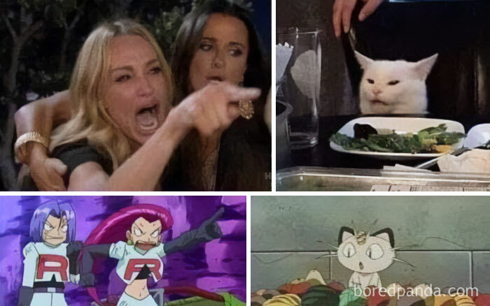 A Pokemon meme using the popular "Woman Yelling at a Cat" format. The top left shows the original meme with a woman crying and pointing angrily, while on the top right, a white cat sits at a table looking indifferent. Below, a similar format is recreated with Pokemon characters: Jessie and James of Team Rocket are pointing and yelling angrily, while at the bottom right, Meowth, their companion, sits in a pile of trash, mirroring the cat's calm demeanor in the original meme. The meme humorously draws parallels between the real-life meme and the dynamic between the Pokemon characters.