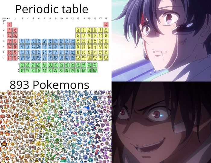 A Pokemon meme comparing memorization challenges. The top left shows a periodic table with the text "Periodic table," while the top right displays an anime character with a concerned expression. The bottom left shows a collage of 893 different Pokemon with the text "893 Pokemons," while the bottom right shows the same anime character now with a crazed, determined expression, humorously highlighting the daunting task of memorizing all the Pokemon compared to the periodic table.