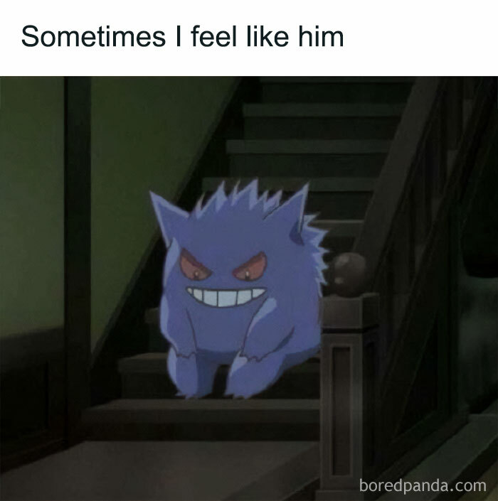 A Pokemon meme with the text "Sometimes I feel like him" at the top. Below, there's an image of Gengar sitting on a staircase with a mischievous grin, conveying a sense of relatable emotion or moodiness, humorously expressing how the person feels like Gengar in certain moments, possibly hinting at feeling sneaky, misunderstood, or playful.