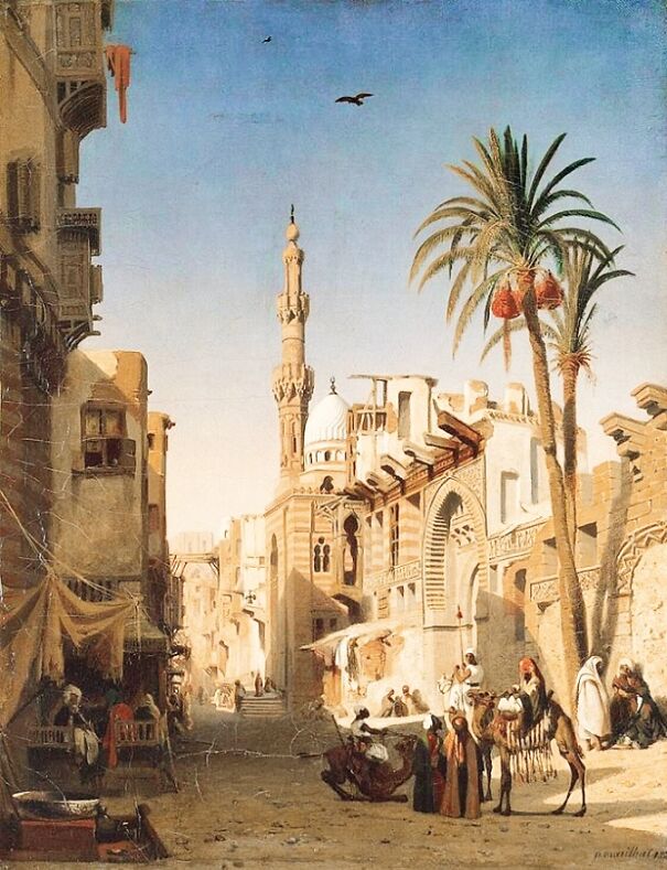 01 Painting By Orientalist Artists. Prosper Marilhat's Ezbekiyah Street In Cairo, With Footnotes, #92