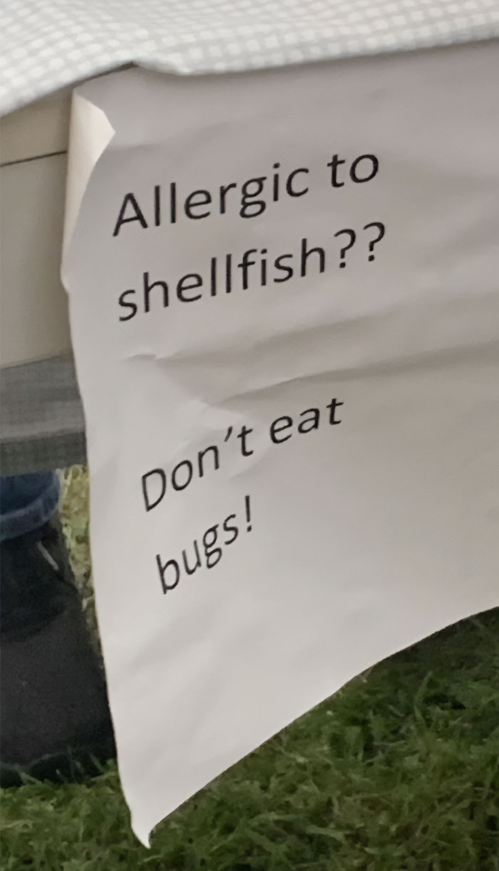 A sign on a table with the text, "Allergic to shellfish?? Don't eat bugs!" The sign humorously implies that shellfish and bugs are similar, likely playing on the idea that shellfish, such as shrimp, are biologically related to insects, aligning with the "shrimps is bugs" meme concept. The setting appears to be outdoors, with grass visible in the background.