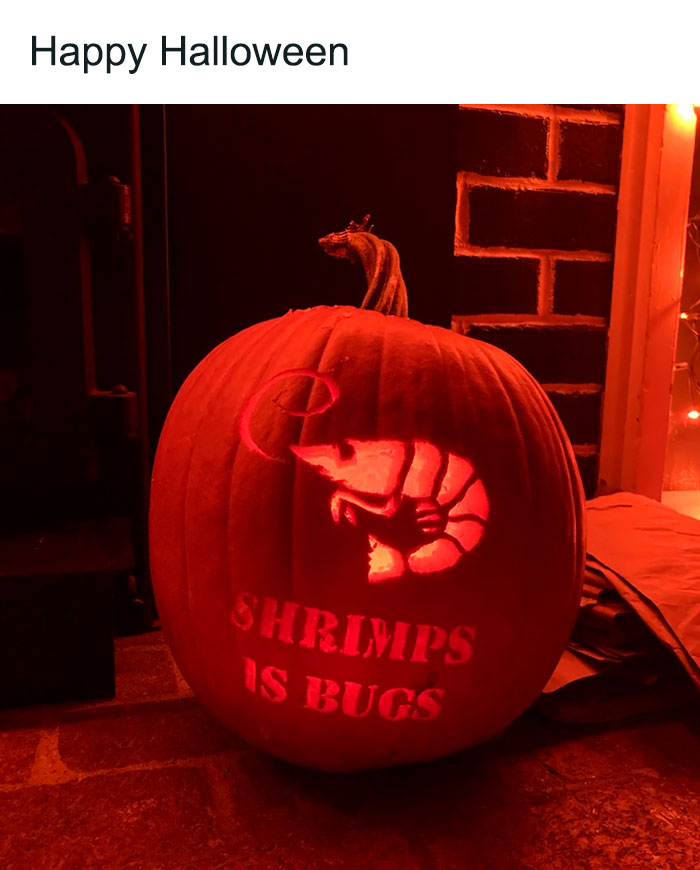 A Halloween-themed meme showing a carved pumpkin with the design of a shrimp and the text "SHRIMPS IS BUGS" glowing from within. The shrimp design is stylized, and the lettering is bold, illuminated by a light inside the pumpkin. The image has a warm, orange glow, and the caption above reads "Happy Halloween," humorously combining the "shrimps is bugs" meme with Halloween traditions.