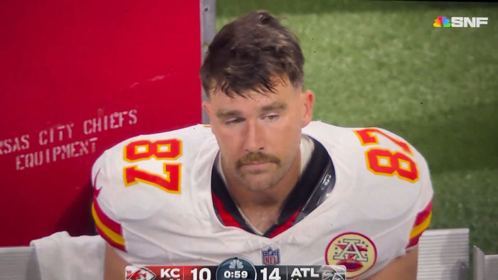 Travis Kelce Looks Miserable On Chiefs Bench After Taylor Swift Skipped The Game