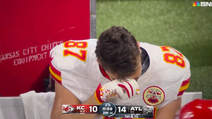 Travis Kelce Looks Miserable On Chiefs Bench After Taylor Swift Skipped The Game