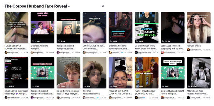 A collage of social media posts about Corpse Husband's face reveal, featuring various reactions and commentary from different users.