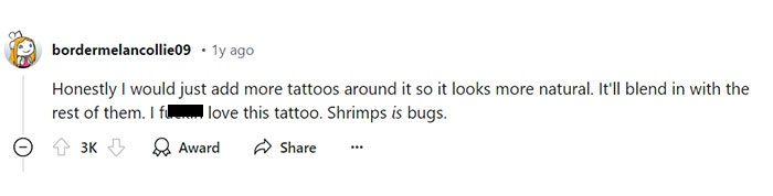 A Reddit comment from the user "bordermelancollie09" reads, "Honestly I would just add more tattoos around it so it looks more natural. It'll blend in with the rest of them. I f***ing love this tattoo. Shrimps is bugs." The comment has 3K upvotes and suggests embracing the "shrimps is bugs" tattoo by incorporating more tattoos around it, expressing affection for the humorous nature of the tattoo.