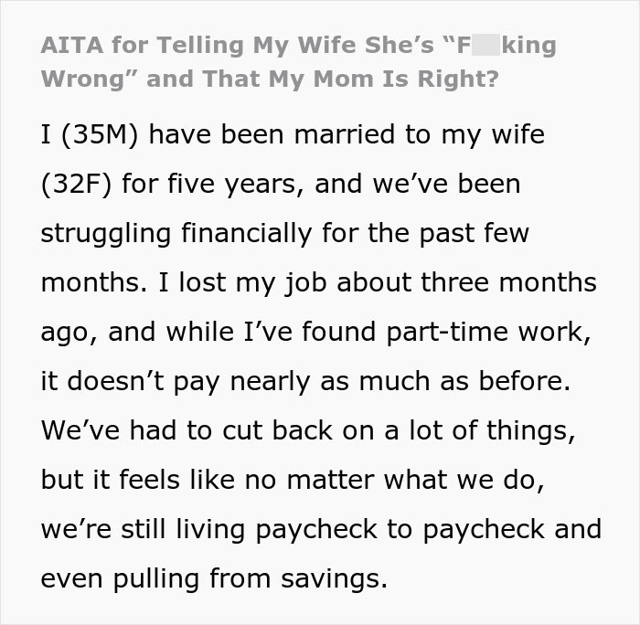 Text discussing financial decisions and conflict between husband and wife over job loss and budgeting.