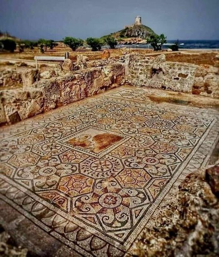 Roman Mosaic (Second Century Ad) At The Tetrastyle House In The Archaeological Park Of Pula In Nora, Sardinia, Italy