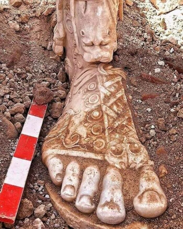 Lower Part Of A Leg And Foot With Sandal Of The Over Life Size Statue Of Roman Emperor Marcus Aurelius (Reign 161-180 A.d.) Found At Sagalassos, Turkey In 2008