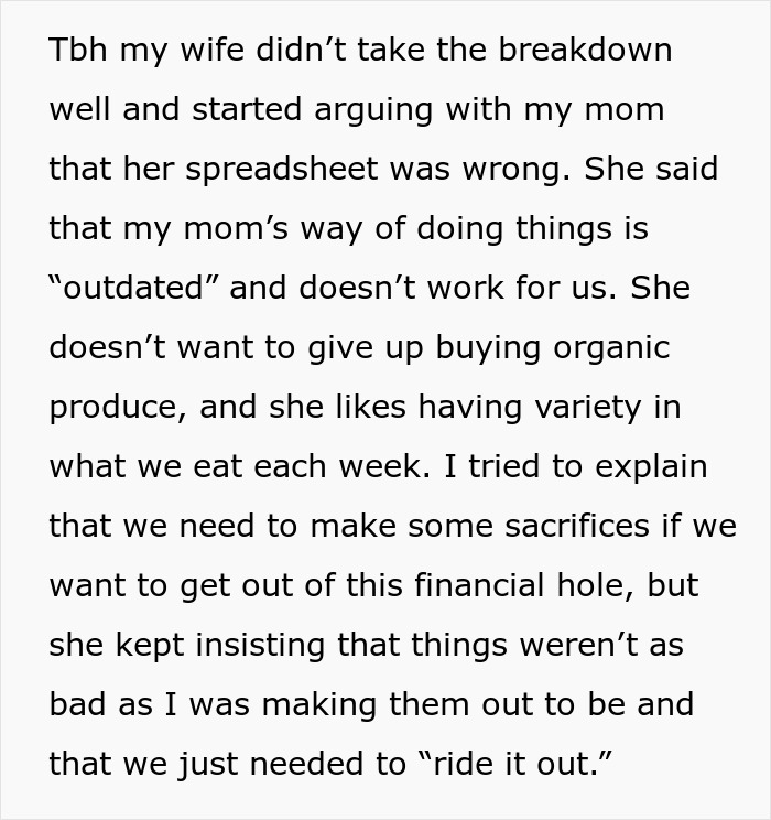 Text about a husband siding with his mom over financial decisions, causing a disagreement with his wife.