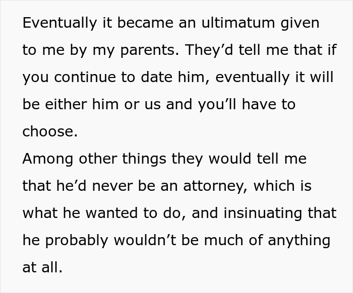 Text about parental ultimatum to daughter, involving choice between them or her boyfriend.