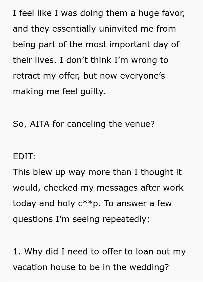 Brother Is Uninvited From Wedding For Being An "Addict", He Then Cancels Free Venue In Response