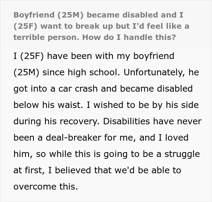 Woman Wonders If Leaving Her Disabled Boyfriend Would Make Her A Bad Person