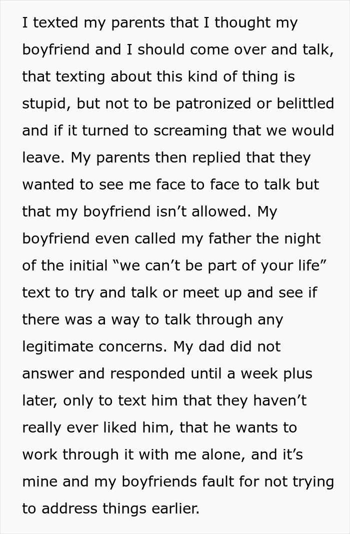 Text conversation about a daughter choosing between her parents and boyfriend due to a relationship ultimatum.