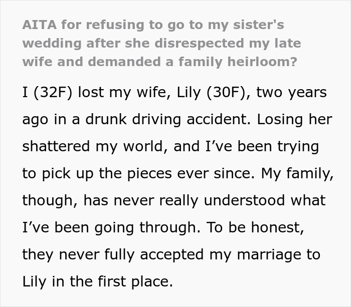 Widow Refuses To Go To Sister's Wedding After She And Entire Family Downplay Her Late Wife's Death