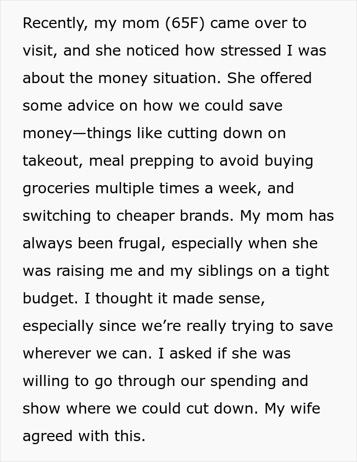 Text discussing financial advice from mom on saving money by cutting expenses and meal prepping.