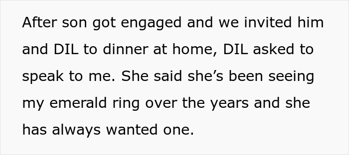 DIL Demands That MIL Give Up Her Emerald Ring As An Heirloom Engagement Ring, Is Told To Get Out