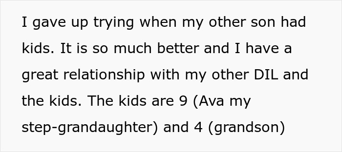 Text describing a relationship with grandkids, mentioning ages 9 and 4.