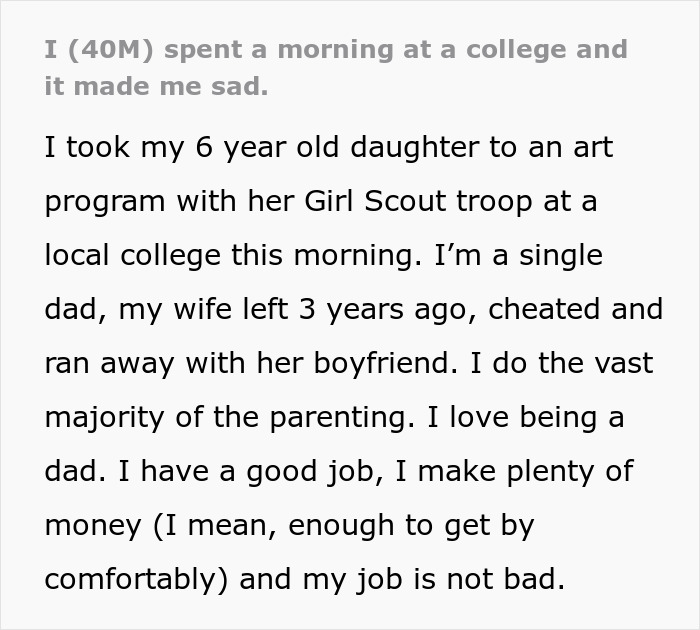 Single dad reminisces about college life and shares feelings online, reflecting on parenting and past hopes.