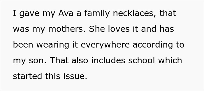 Text describing a grandkid's fondness for a family necklace, highlighting a cherished relationship.