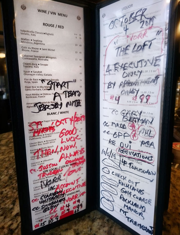 A "Customer" Decided To Use The Wine Menu As A Doodle Pad With A Sharpie