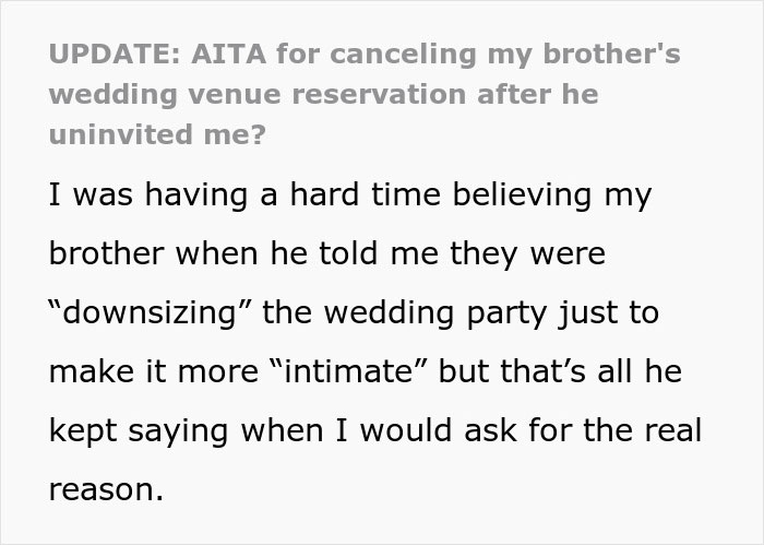 Brother Is Uninvited From Wedding For Being An "Addict", He Then Cancels Free Venue In Response