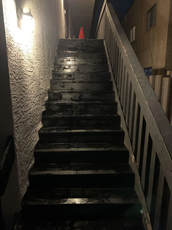 "I came back from Thanksgiving to find that my landlord had revarnished/painted the stairs up to my apartment. They are still wet, I was given no notice, and there is only one staircase" - KingOfTheKains