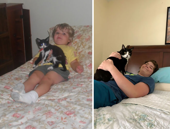 A Picture Of My Cat And Me 12 Years Apart. 2009 vs. 2021