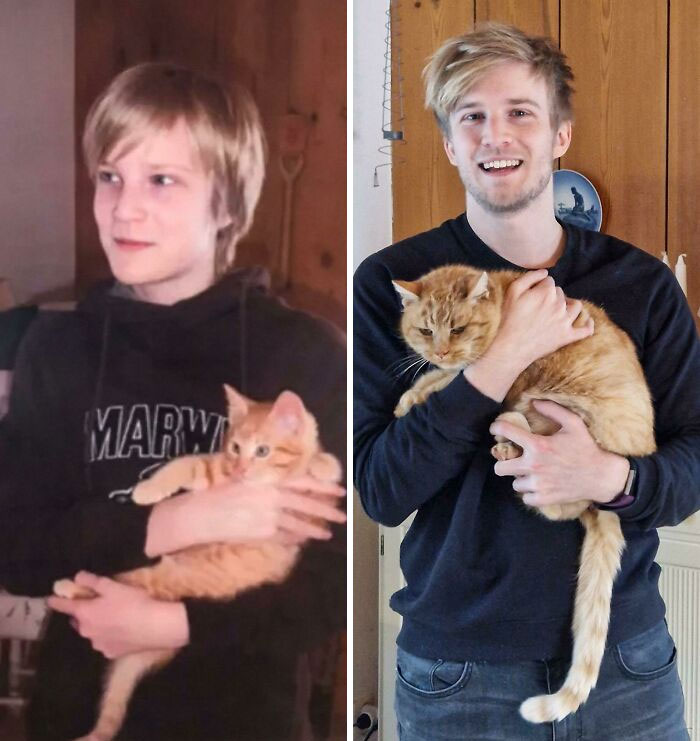 My Cat Ralf And Me In The Same Place, 20 Years Later. She Was A Bit Grumpy During The Photoshoot