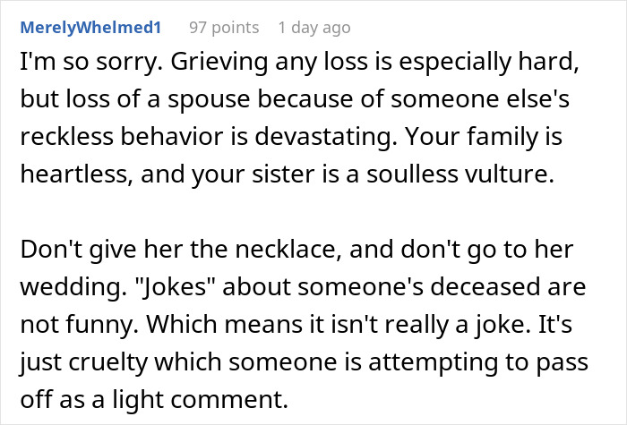 Widow Refuses To Go To Sister's Wedding After She And Entire Family Downplay Her Late Wife's Death