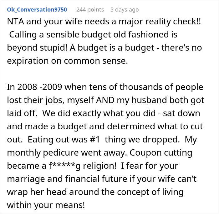 Reddit comment discussing financial decisions and budgeting during tough times.