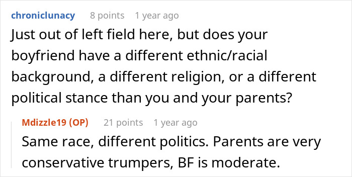 Reddit thread discussing differences between daughter's boyfriend and conservative parents.