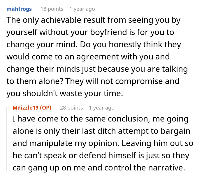 Two Reddit comments discussing a daughter's choice between parents and boyfriend ultimatum.