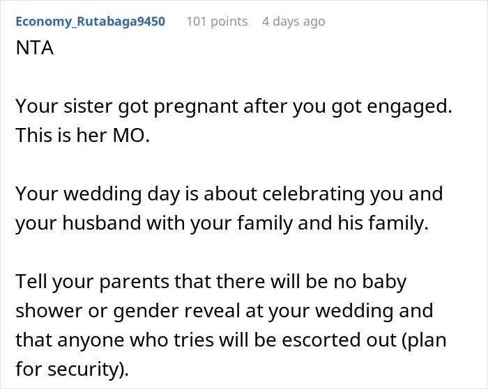 Pregnant Sister Plans Her Gender Reveal On Woman’s Wedding Weekend, Gets Uninvited