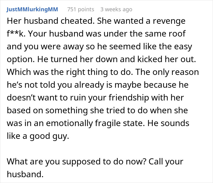 Text of a forum user's comment discussing a friend’s betrayal and a husband’s honest response.