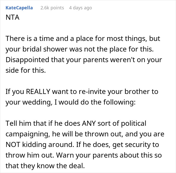 Man Ruins Sister’s Bridal Shower, Gets Upset She Won’t Let Him Ruin Her Wedding Too