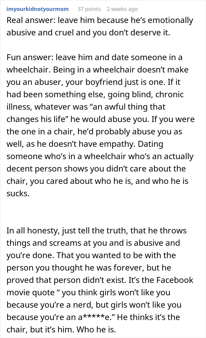 Woman Wonders If Leaving Her Disabled Boyfriend Would Make Her A Bad Person