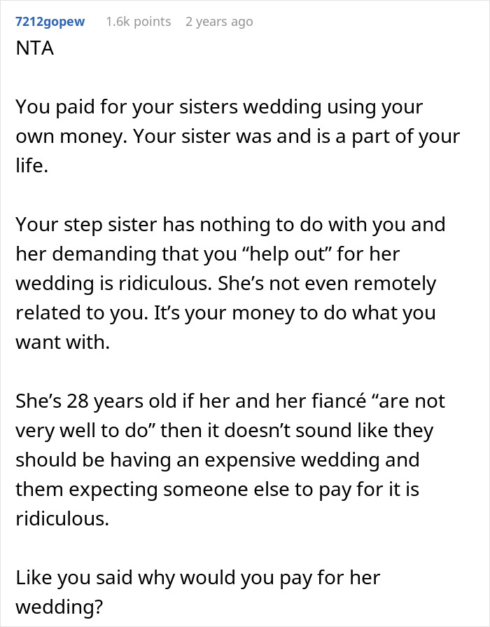 Guy Refuses To Fund Stepsister’s Wedding, Calls Out Mom’s Choices When She Protests