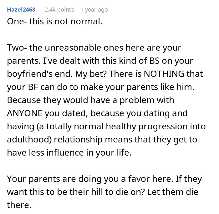 Reddit comment discussing a daughter's choice between parents and boyfriend, noting unreasonable parental expectations.