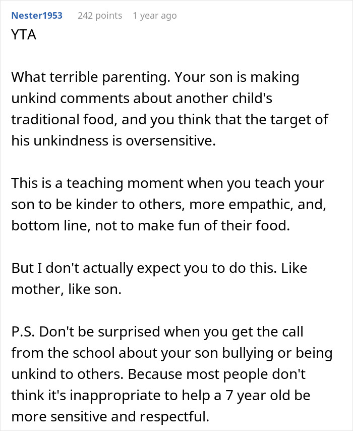 Mother Thinks Her Son Bullying Classmate About Her "Weird" Lunch Is Normal, Gets A Reality Check