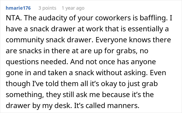 Woman Tired Of Office Food Thieves Locks Her Snacks Up, Gets Confronted By One Of Them