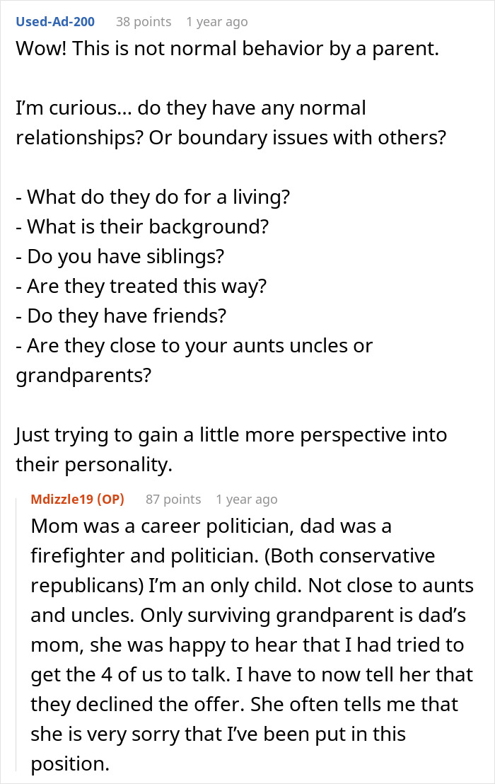 Reddit comment discussing parents' ultimatum, daughter choosing boyfriend, and family dynamics.