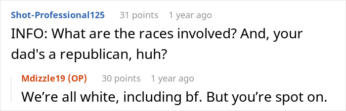 Comments discussing parental ultimatum about choosing boyfriend, addressing race and political affiliation.