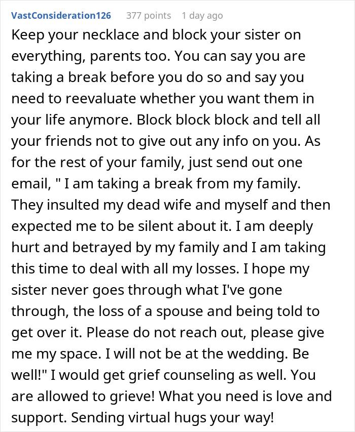 Widow Refuses To Go To Sister's Wedding After She And Entire Family Downplay Her Late Wife's Death