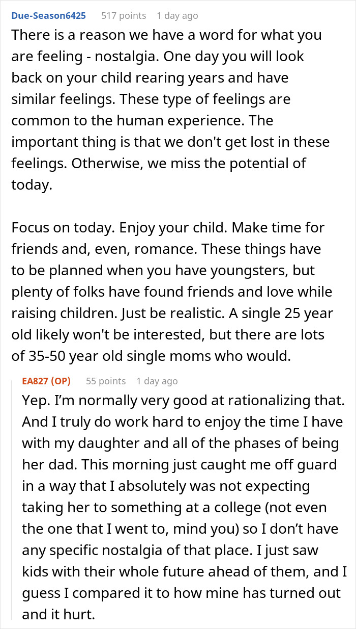 Single dad shares nostalgic feelings and hopes for old college days while parenting, in online discussion.