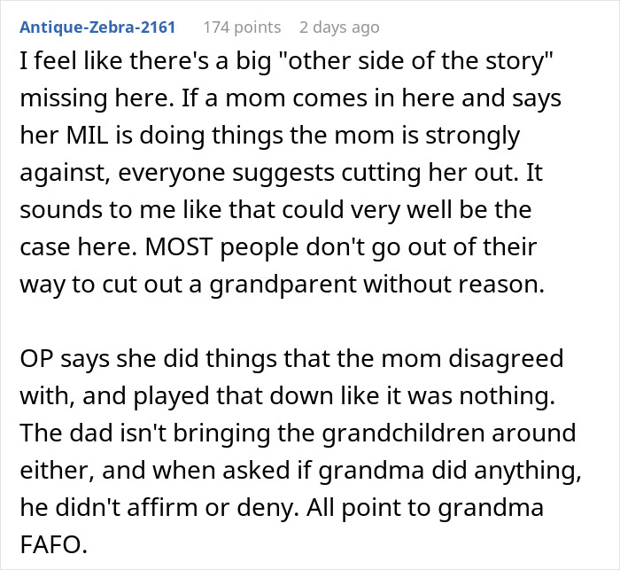 Text discussion about a mother's relationship with grandparents and grandkids, questioning the other side of the story.