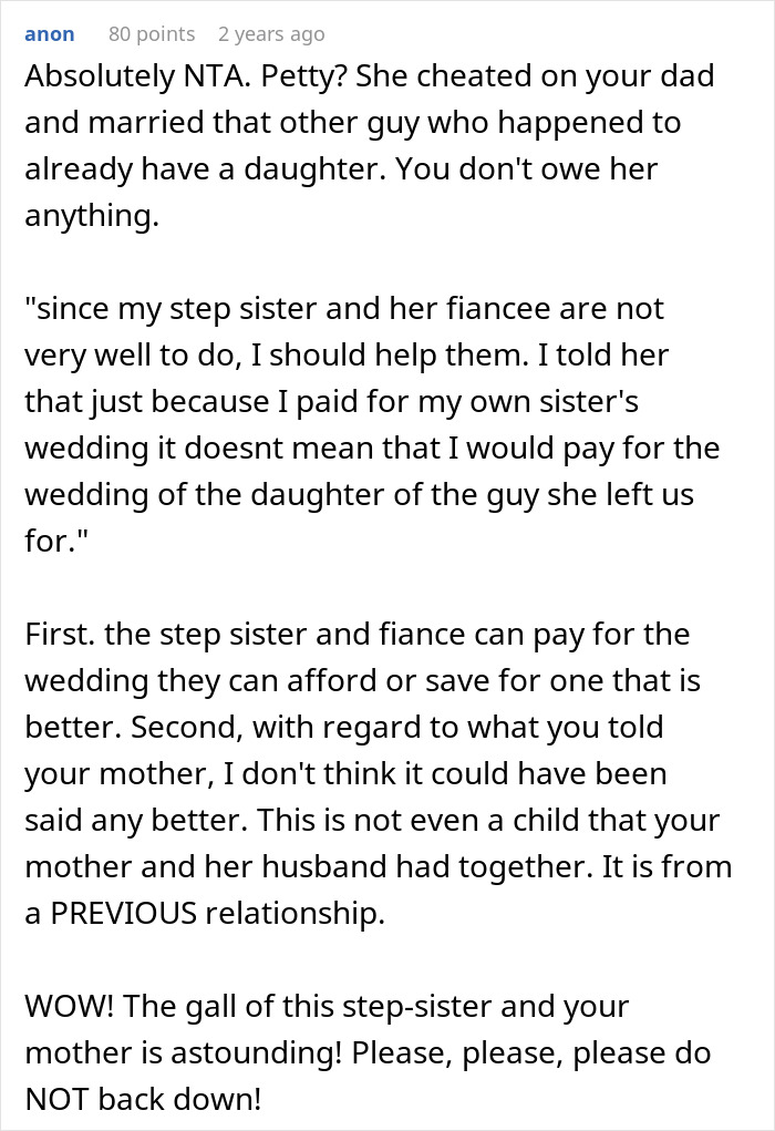 Guy Refuses To Fund Stepsister’s Wedding, Calls Out Mom’s Choices When She Protests